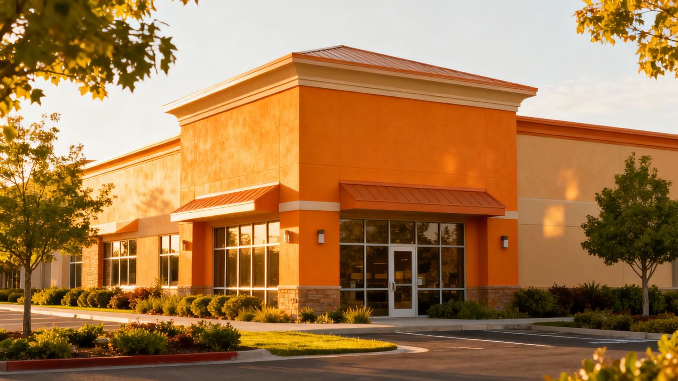 Freshly painted commercial building exterior in sunlight.