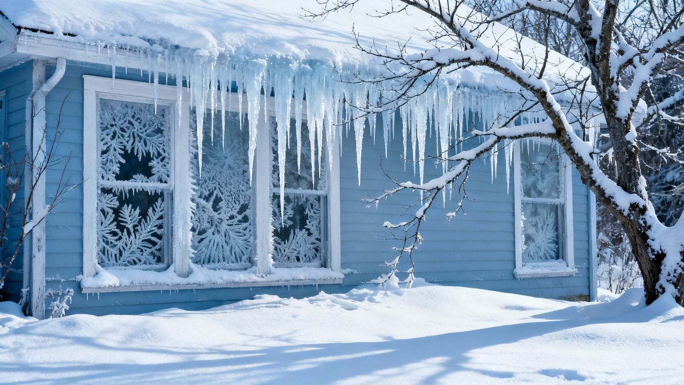 House exterior covered in snow and icicles during winter.