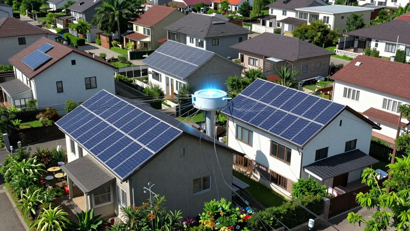 Neighborhood with solar panels and a central energy hub.