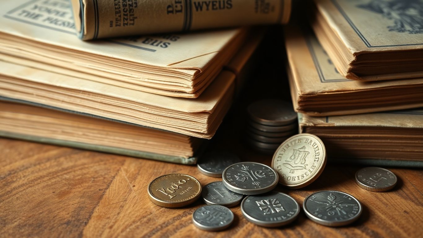 Antique numismatic books and coins on a wooden surface.