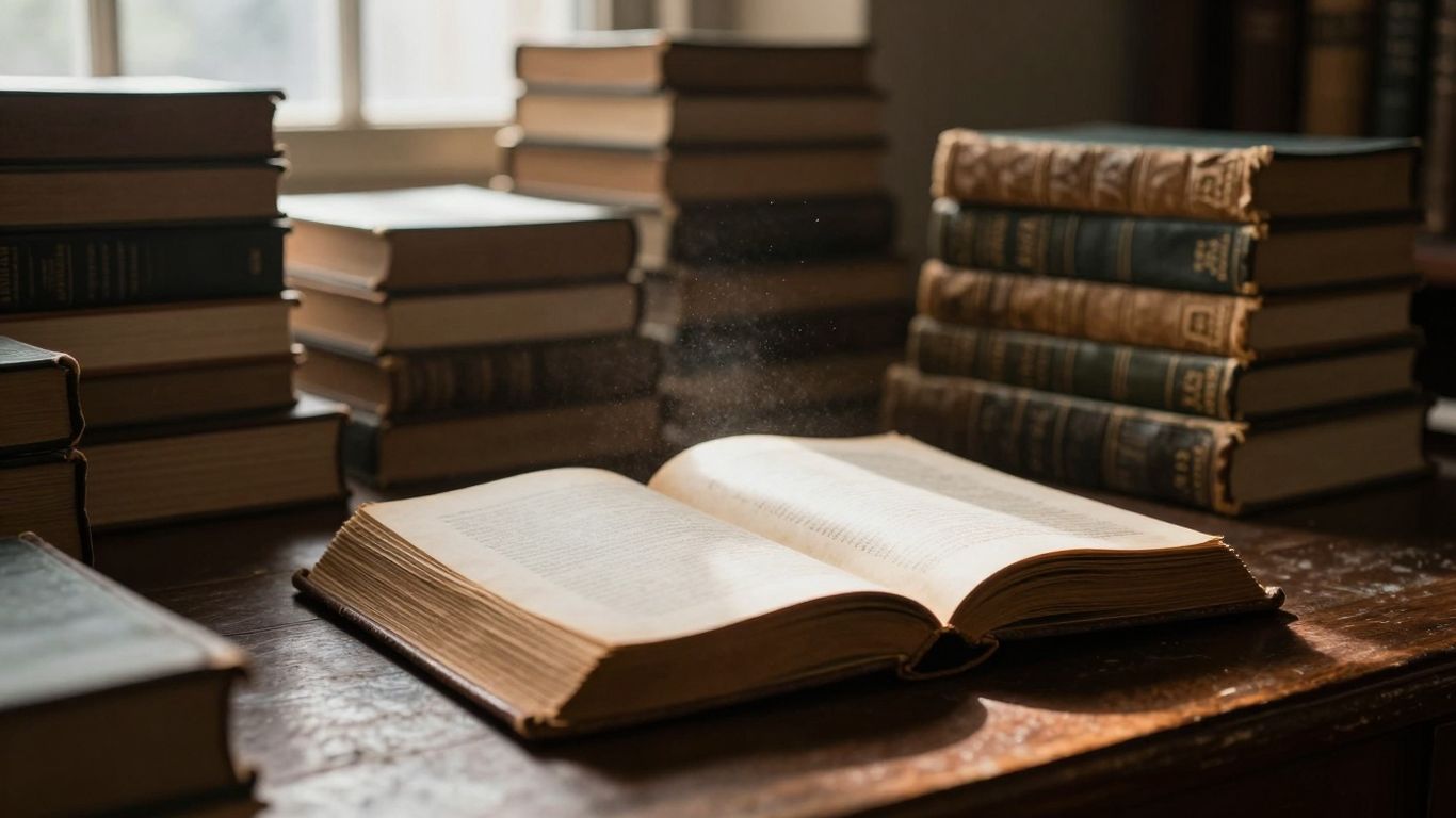 Cărți vechi într-o bibliotecă, lumină de fereastră.