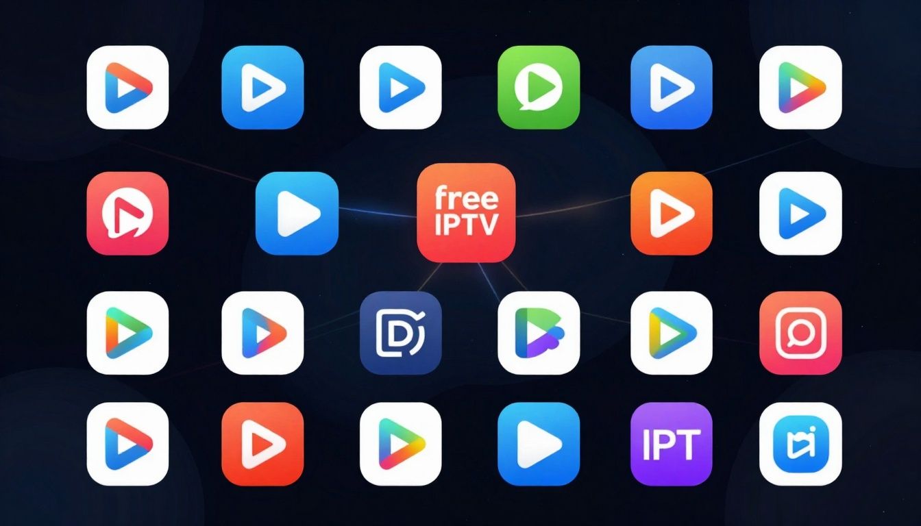Collage of free IPTV player app icons.