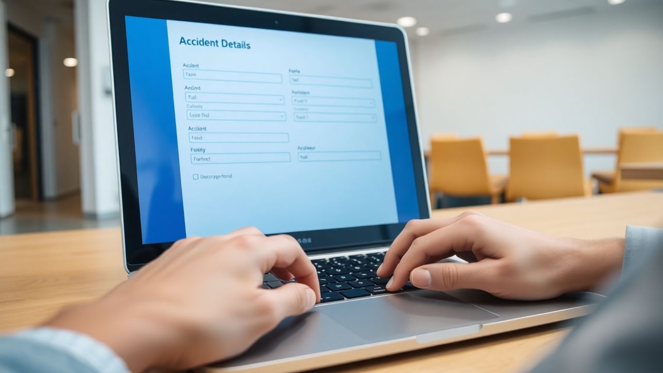 Mãos digitando em um teclado de laptop com formulário online.