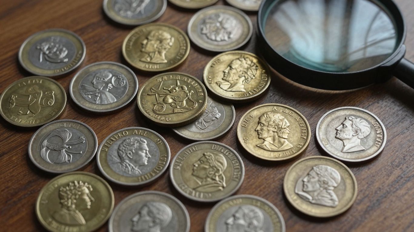 Tampa numismatic coins and magnifying glass on wood.