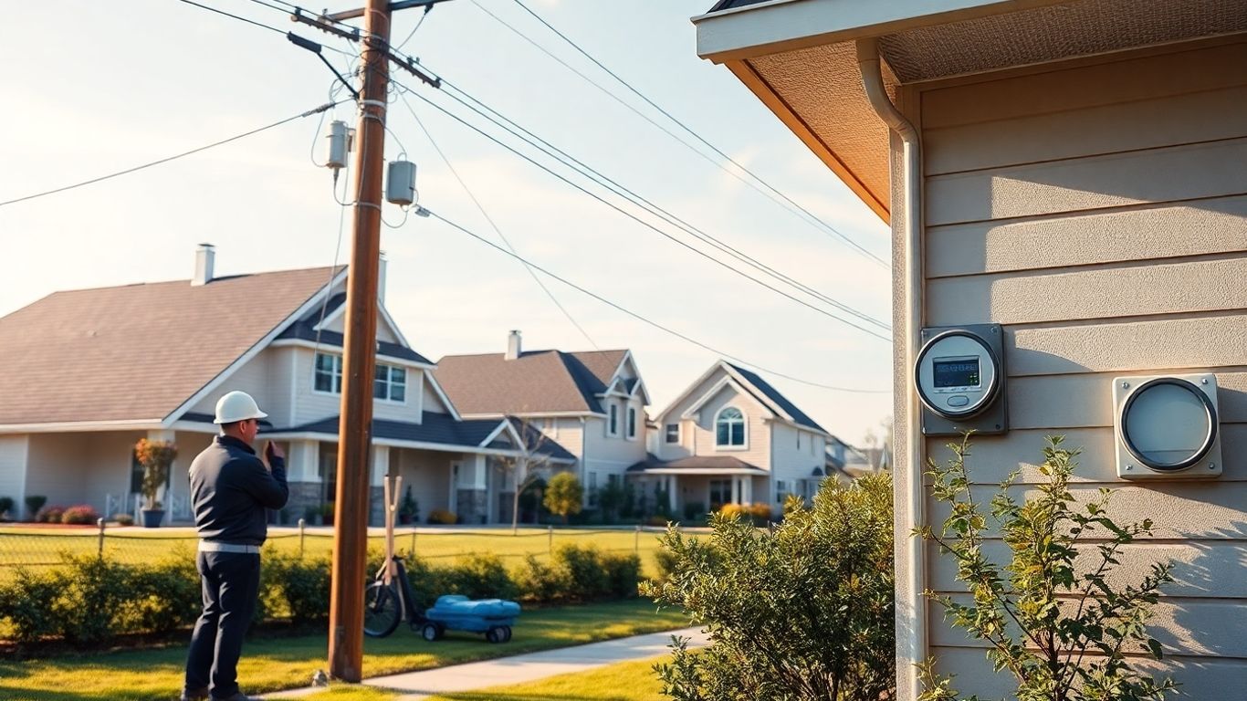 Quartier résidentiel avec lignes électriques et technicien Enedis