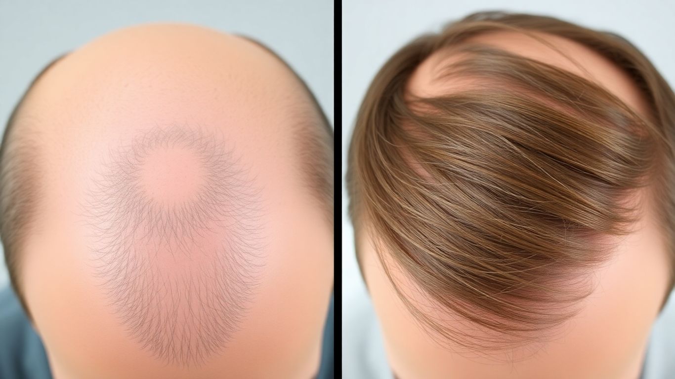 Bald spot versus hair part comparison on a scalp.