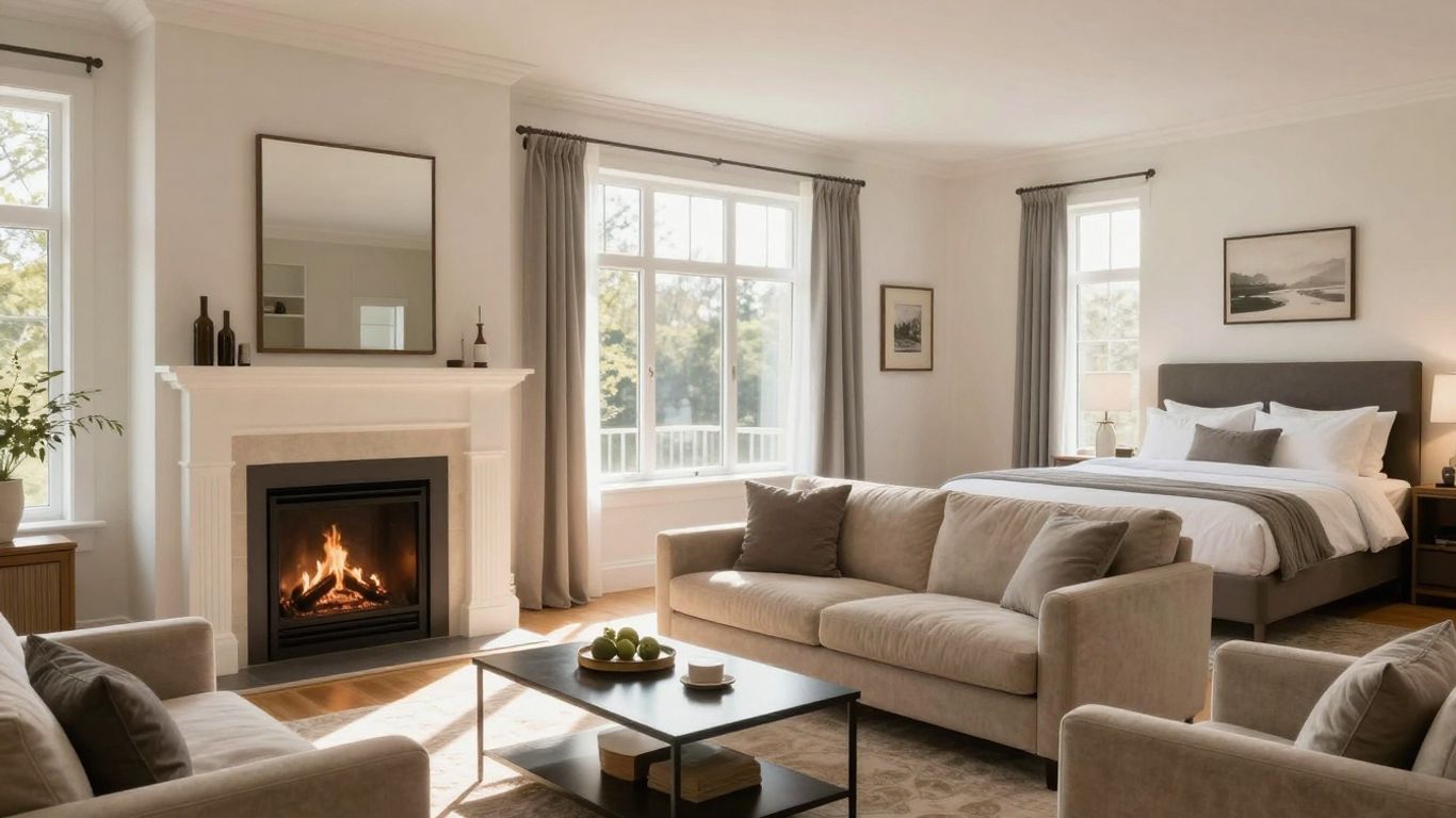 Cozy living room and bedroom with natural light.