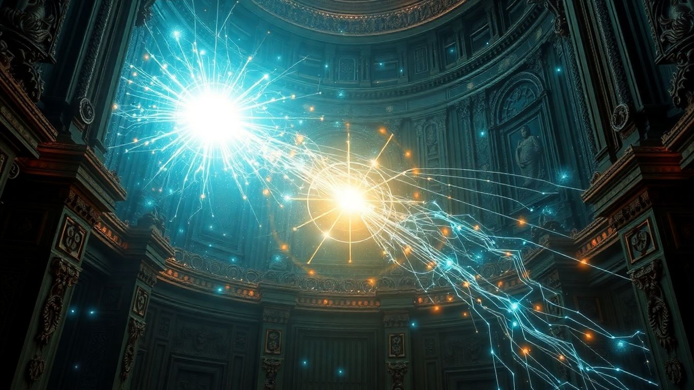 AI merging with divine light, bridging technology and spirituality.