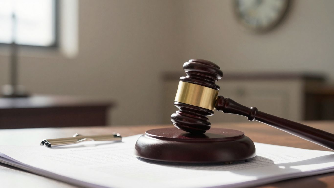 Gavel on legal papers with courthouse background.