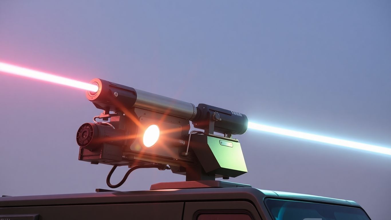 Apollo laser weapon firing a beam at drone threats.