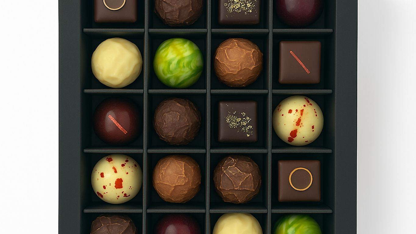 A box of assorted chocolates with different shapes and colors.