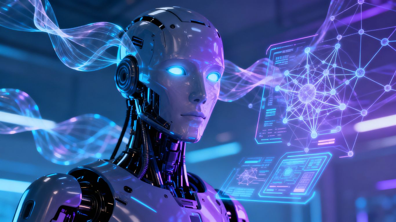 AI robot with glowing eyes and neural network patterns.