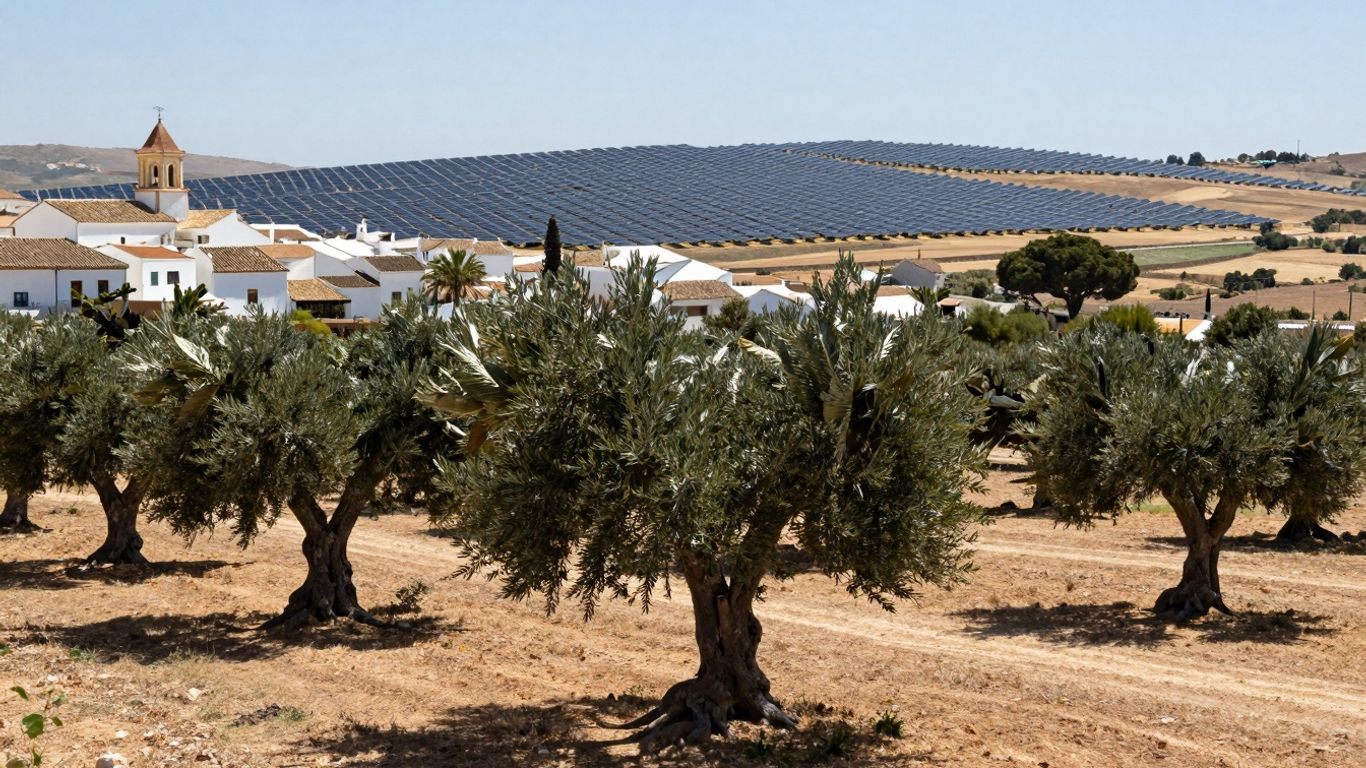 Oliviers anciens face à un parc solaire en Andalousie.