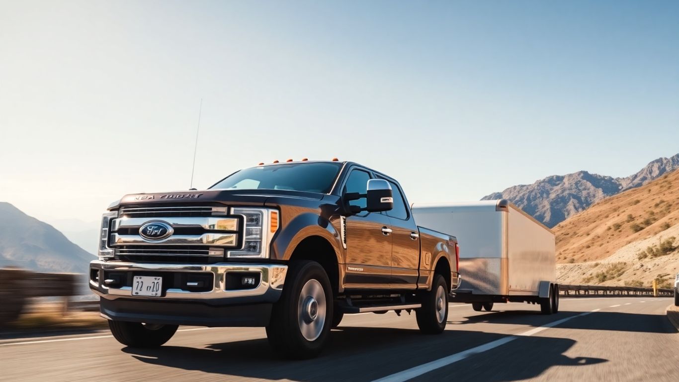 Pickup truck towing a trailer on a mountain road.