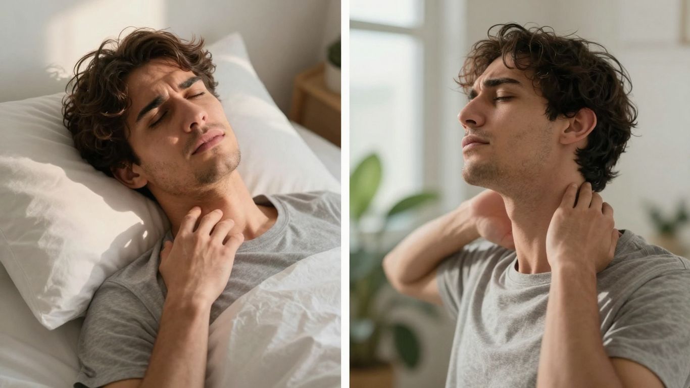 Person with stiff neck stretching and feeling relief.