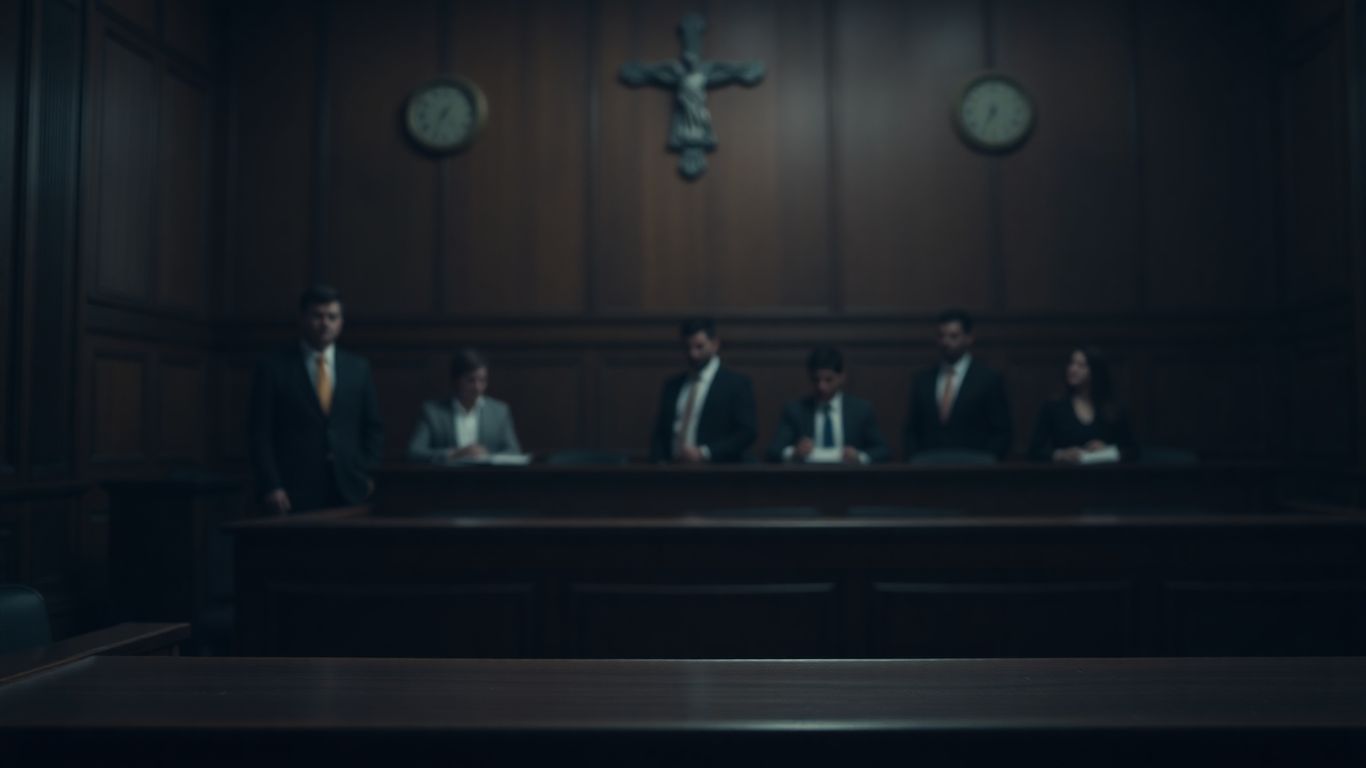 Courtroom with empty witness stand and blurred legal figures.