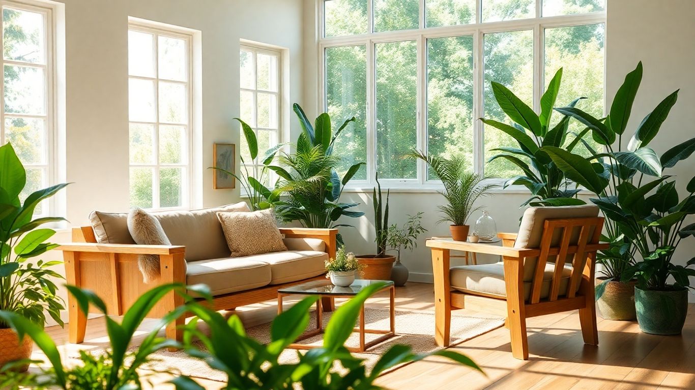 Mobilier ecologic într-o cameră luminoasă cu plante verzi.