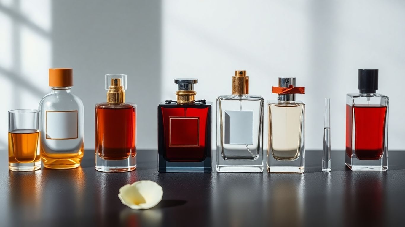 Perfume bottles on a dark surface with a flower petal.