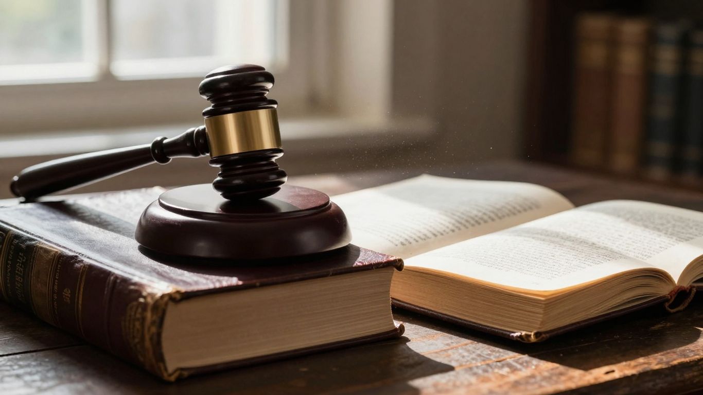 Gavel on legal books with sunlight.