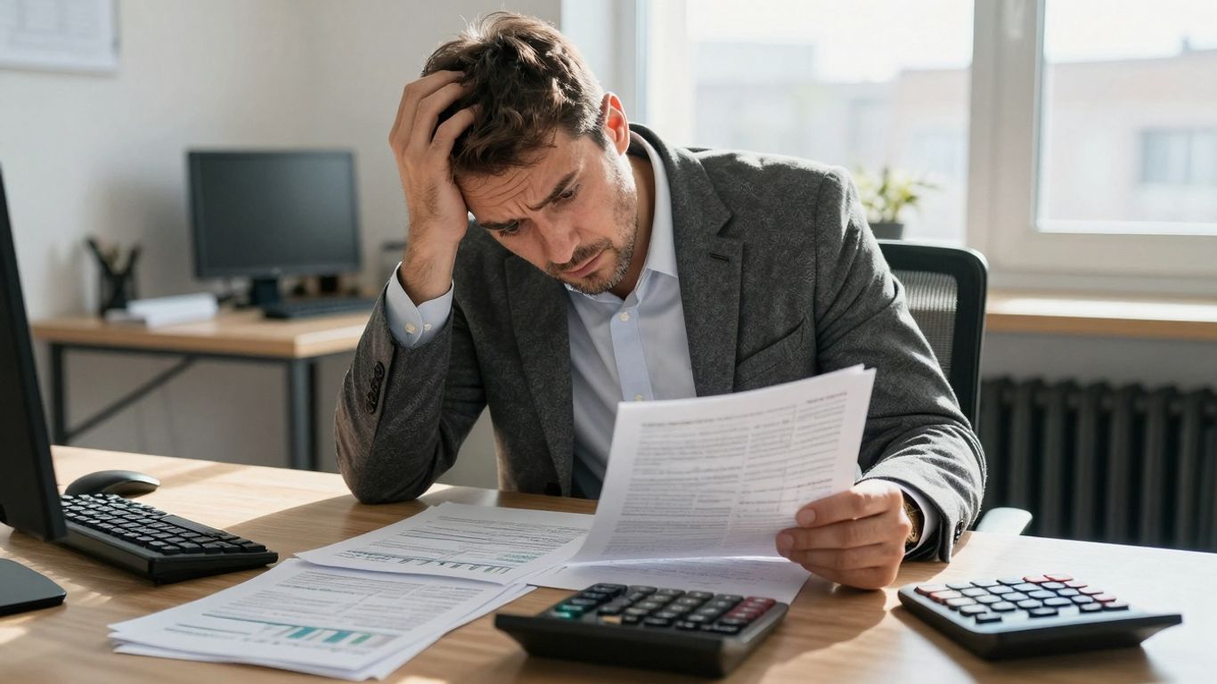 Antreprenor român cu documente financiare și calculator.