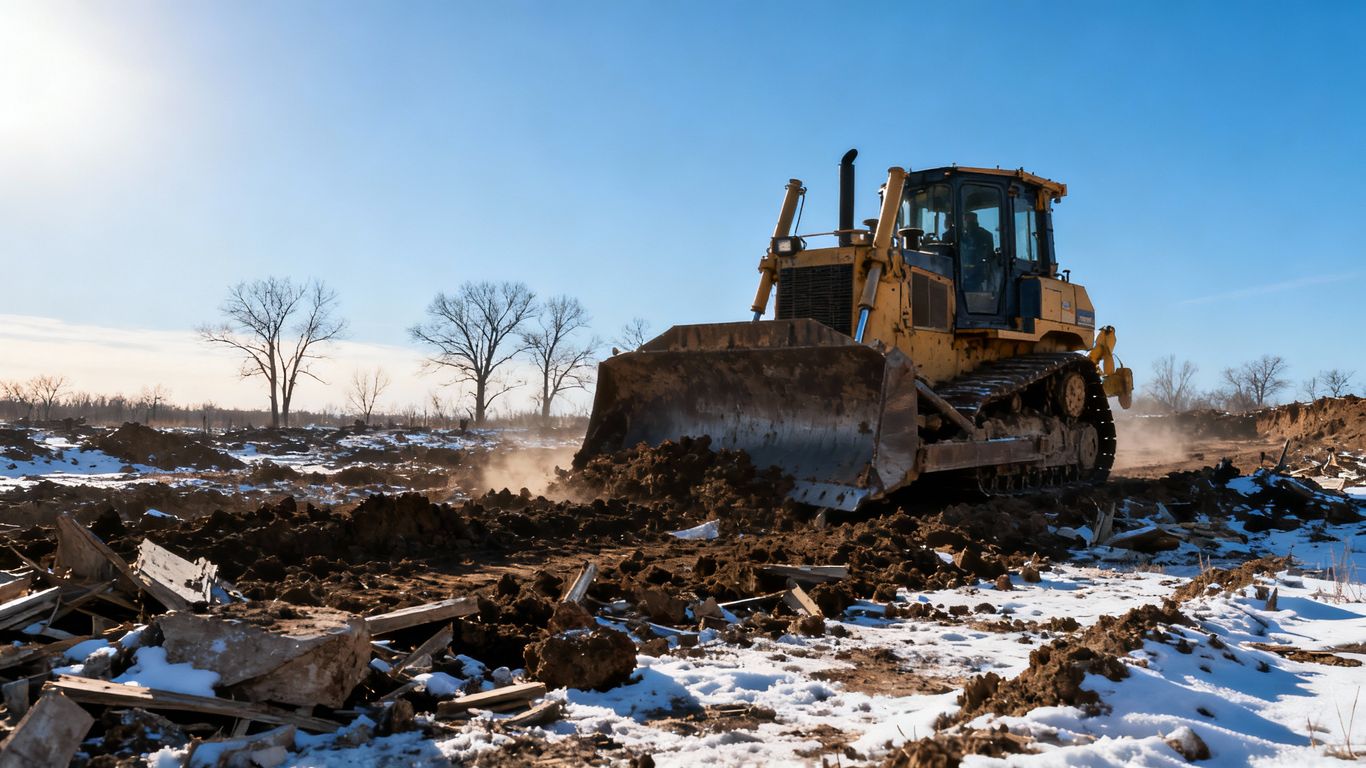 Winter land clearing with bulldozer and bare trees.