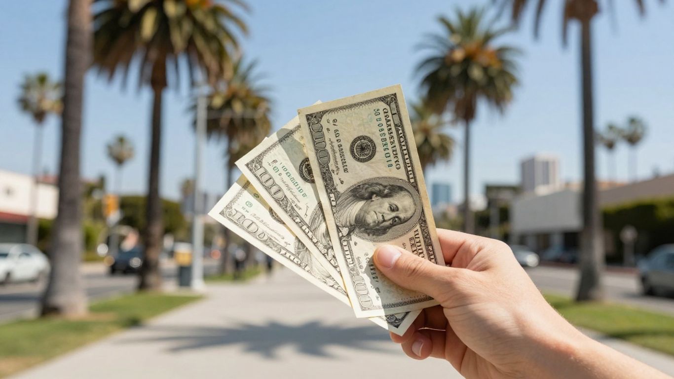 Los Angeles street with palm trees and dollar bills.