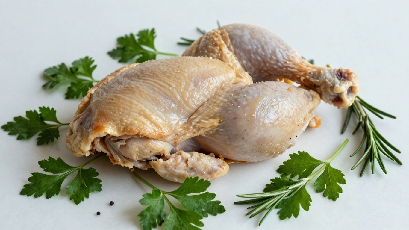 Cooked chicken breast with herbs on a white surface.