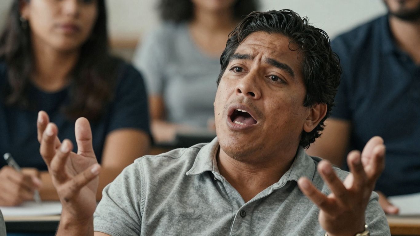 Person speaking with authentic emotion, listener engaged.