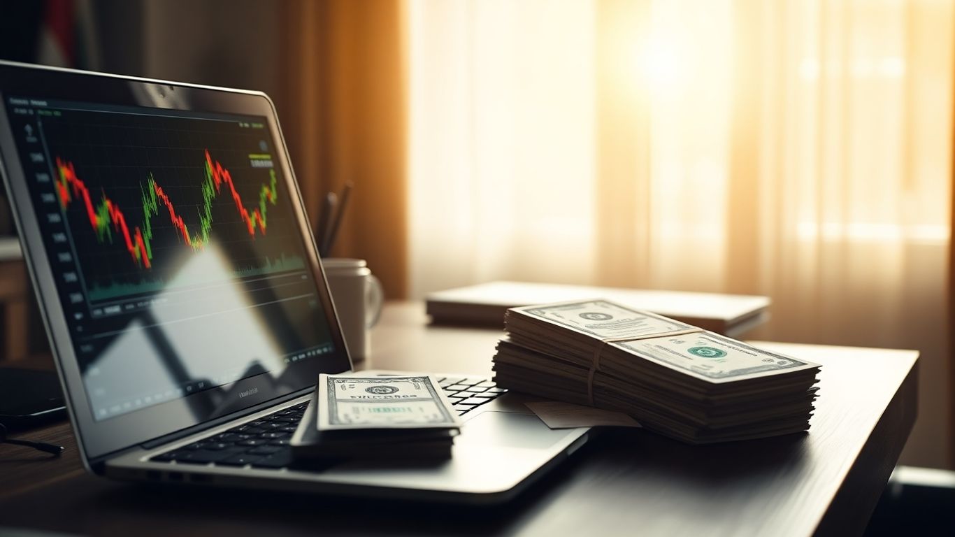 Forex trading desk with currency symbols and money.