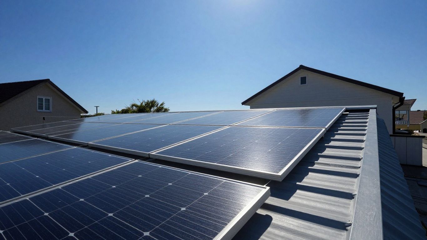 Panneaux solaires sur un toit ensoleillé.