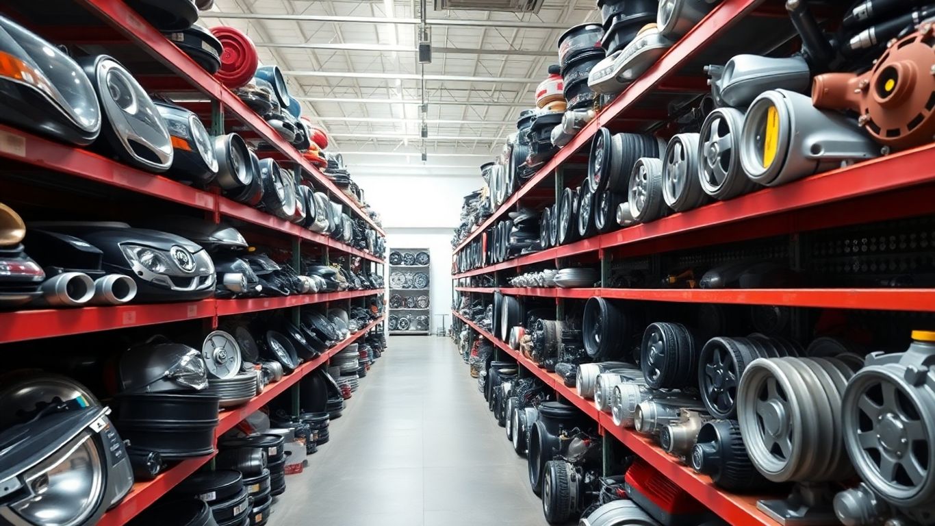 Shelves filled with organized used Fiat car parts
