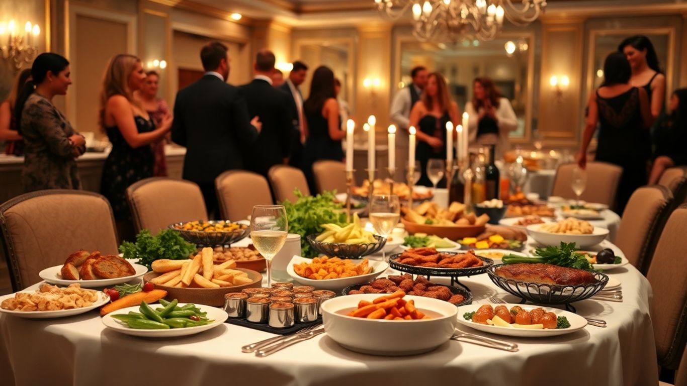 Elegant home party spread with happy guests.