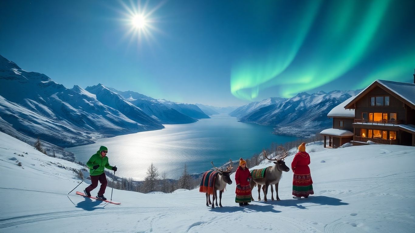 Sámi with reindeer, skier, fjord, mountains, northern lights