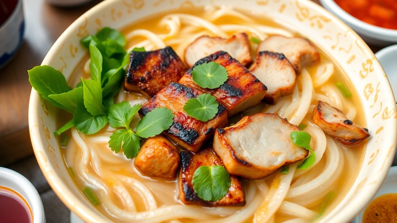Bowl of Bun Cha with grilled pork and noodles