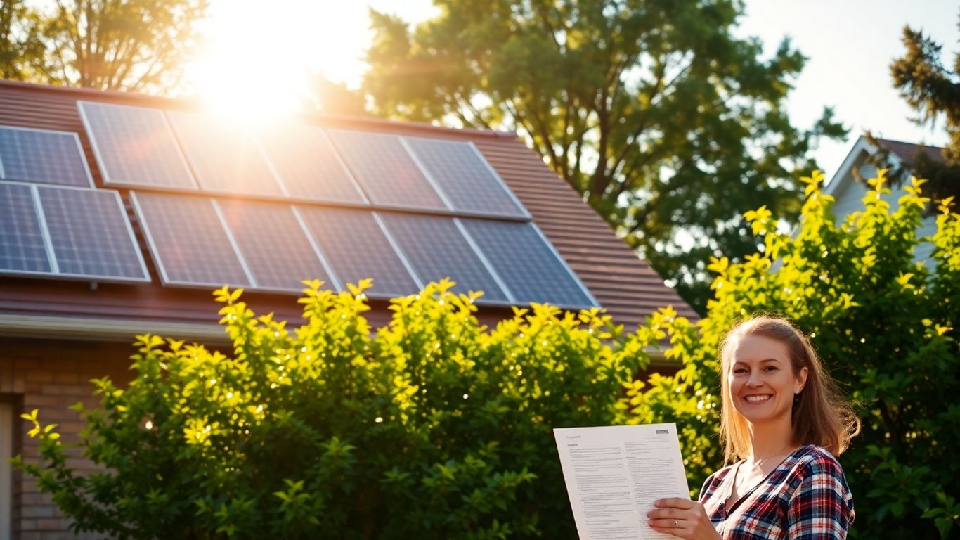 Rooftop solar panels with a smiling homeowner and rental agreement.