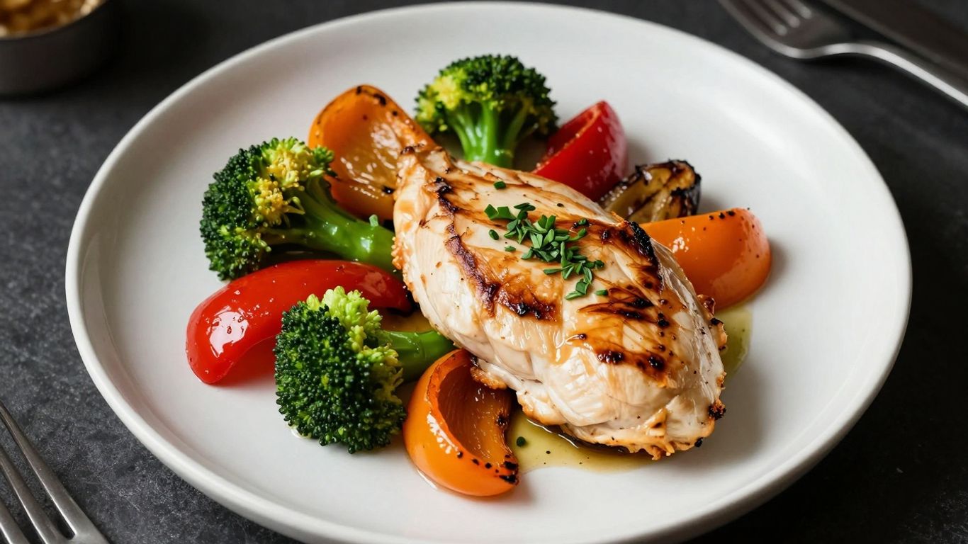 Gourmet chicken and vegetable dinner plate.