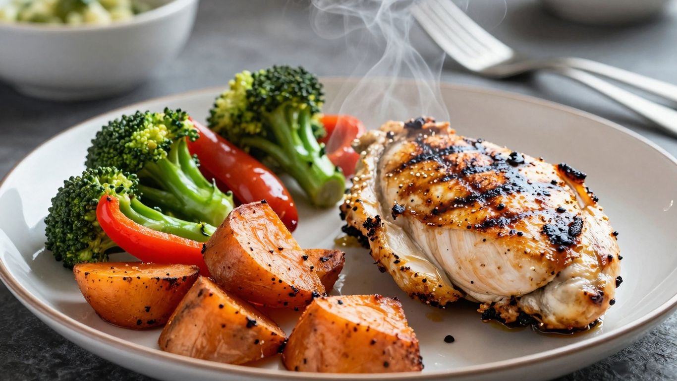 Plated high-protein dinner with grilled chicken and roasted vegetables.