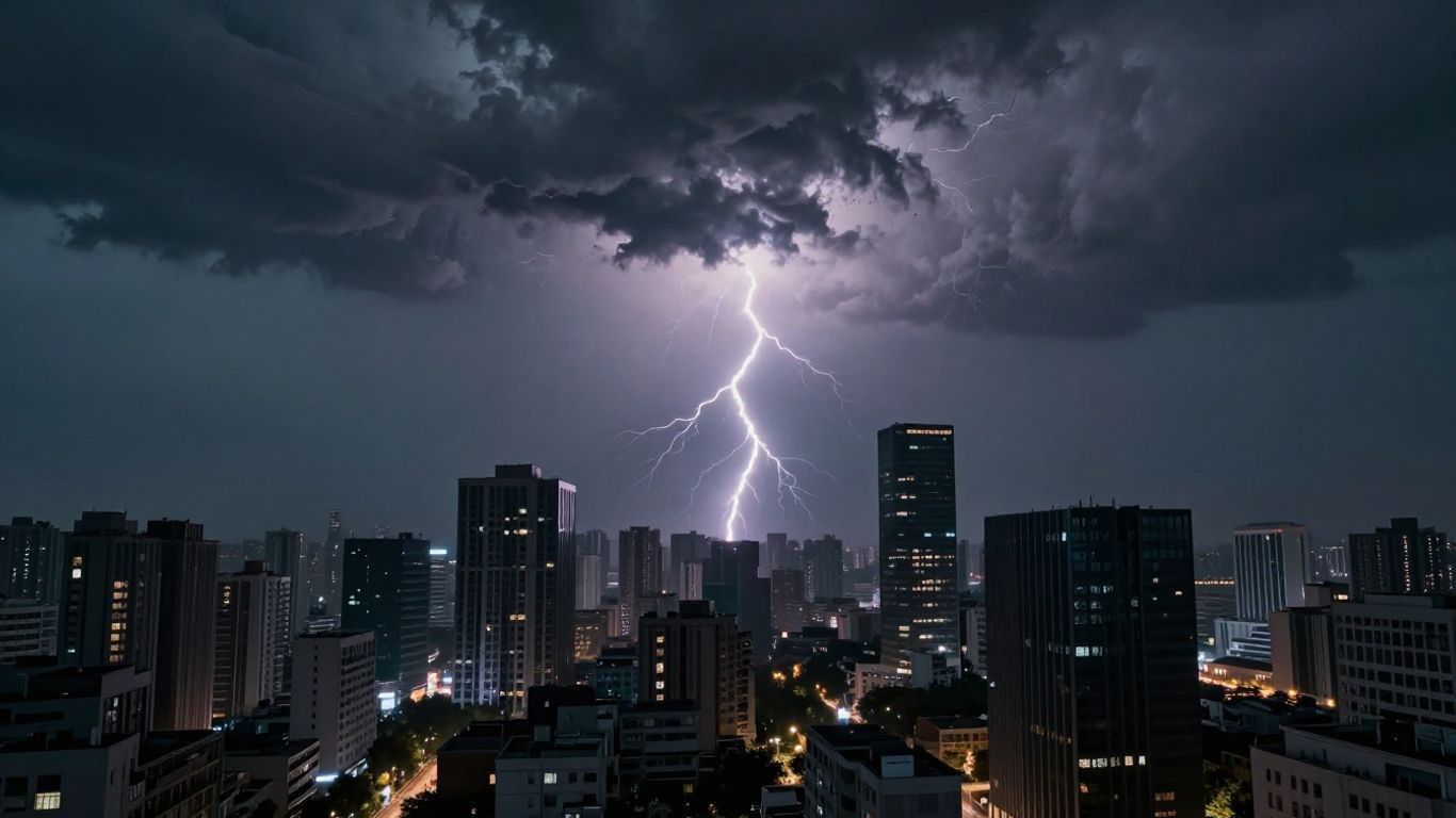 Norii furtunii deasupra unui oraș agitat.