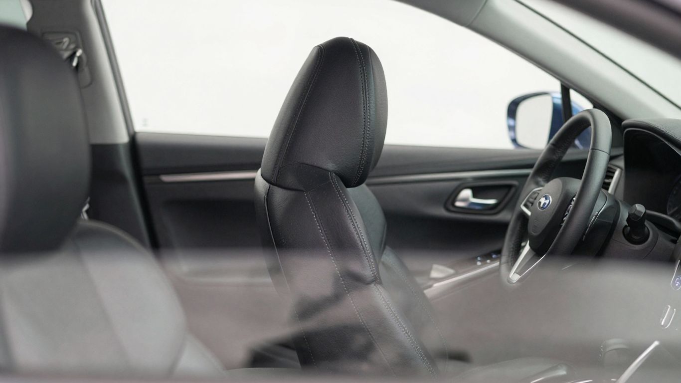 Subaru interior: leather seats, steering wheel, dashboard.