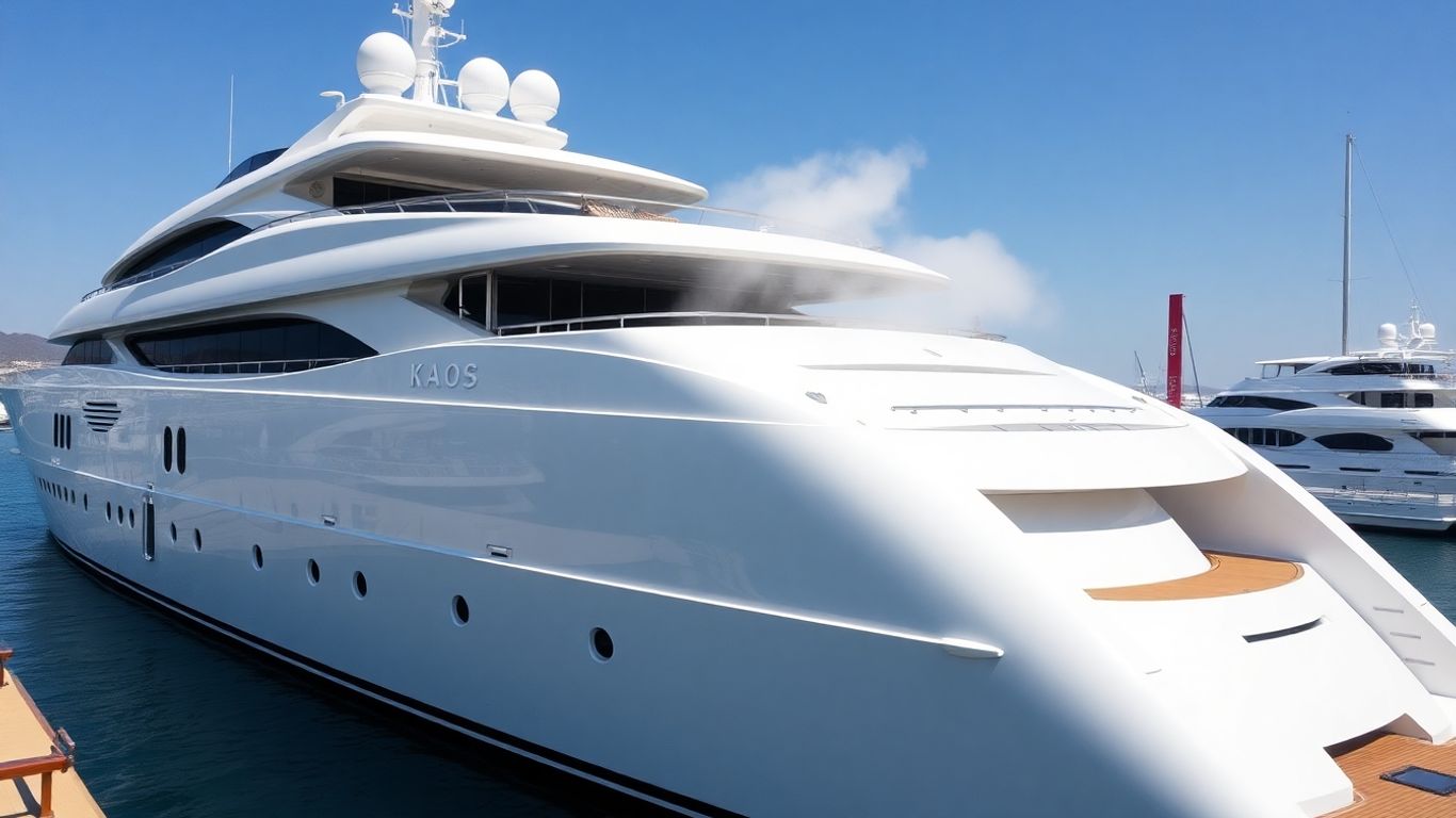 Superyacht Kaos running AC in Spanish harbor.