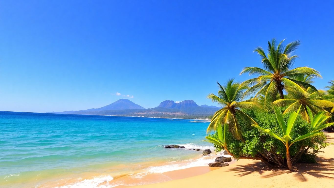 Plajă tropicală cu palmieri și valuri albastre în Bali