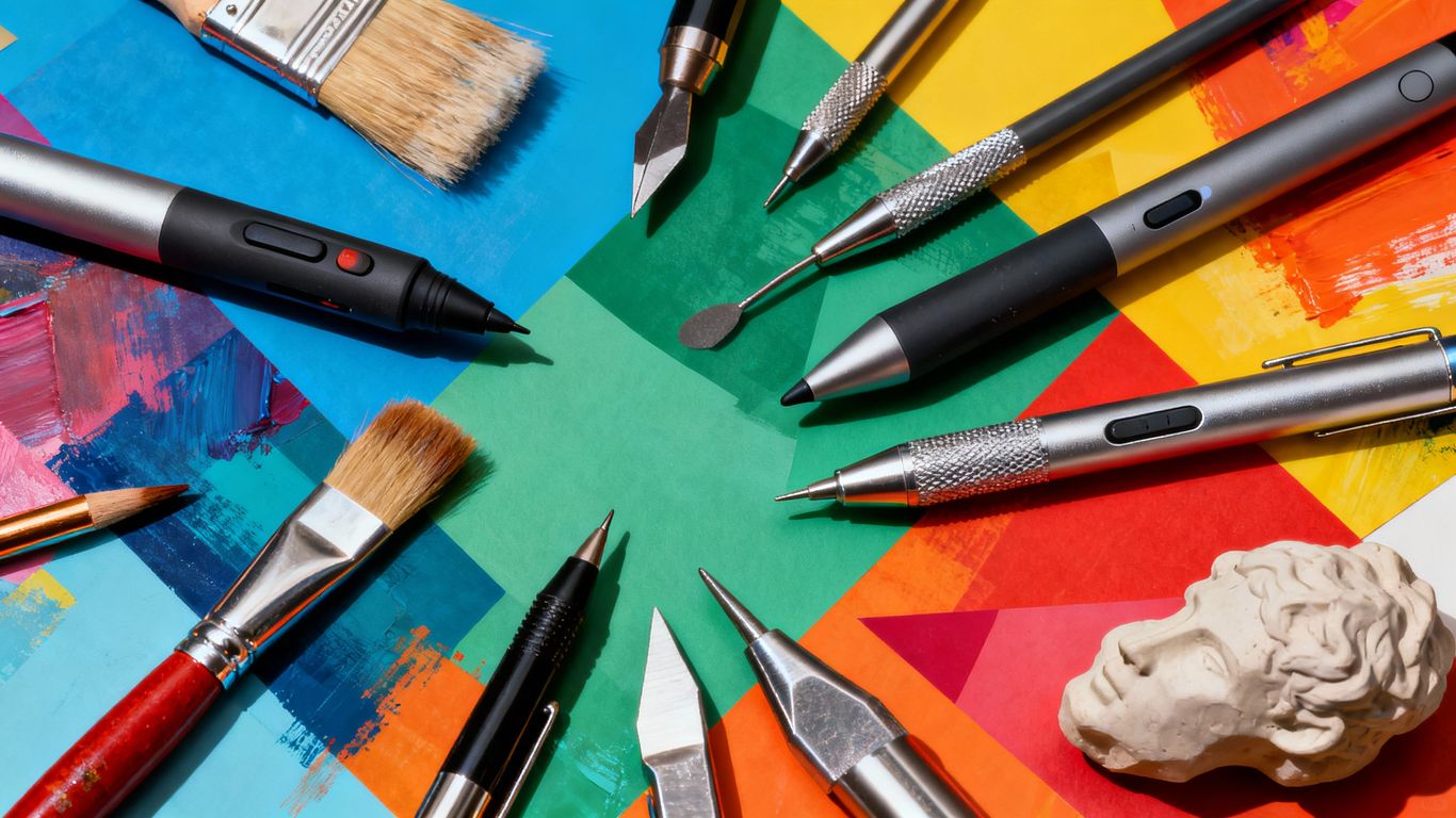 Creative tools and artistic mediums collage.