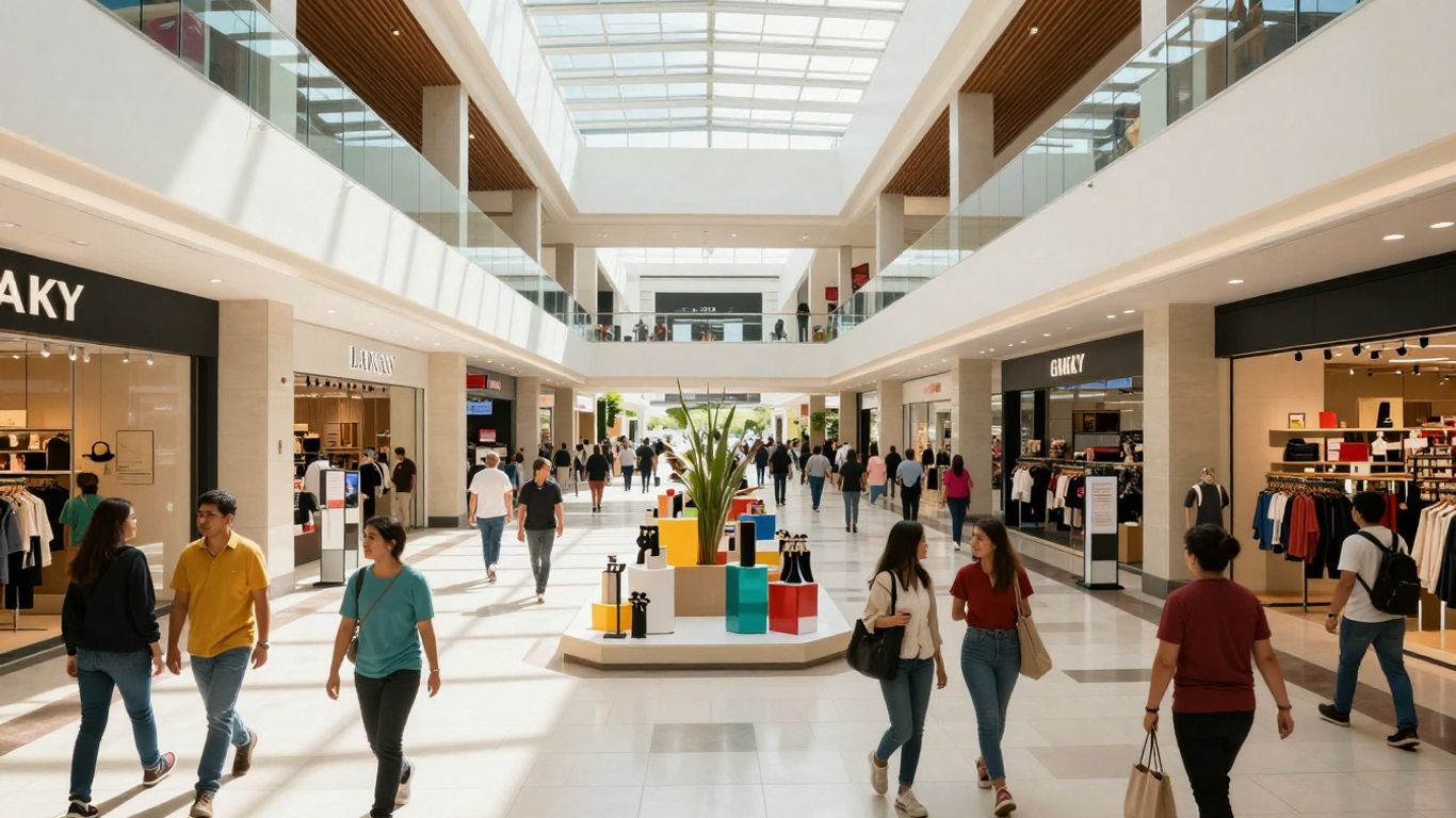Einkaufszentrum mit vielen Menschen und Geschäften.