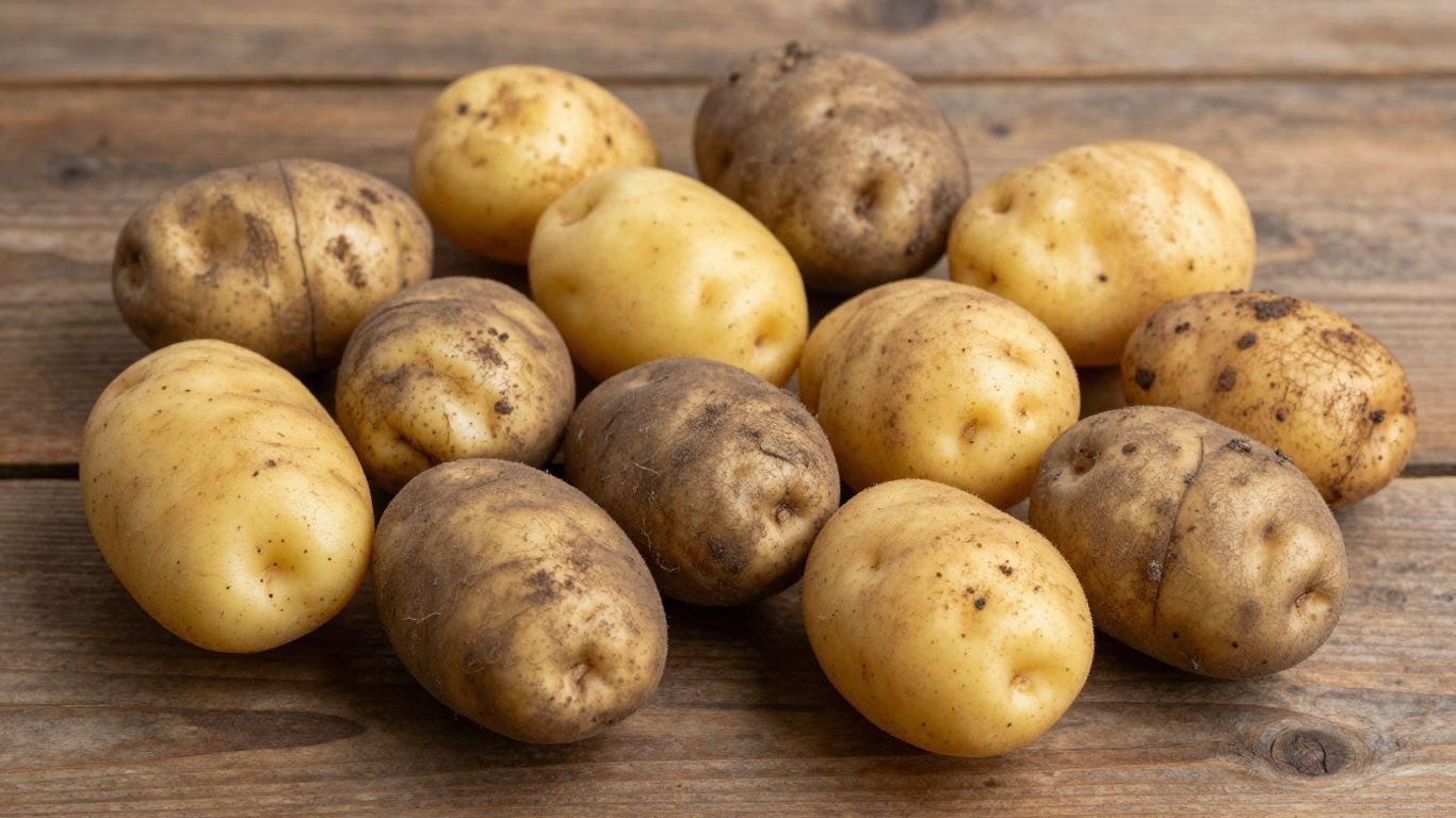 Verschillende soorten biologische aardappelen op een houten ondergrond.