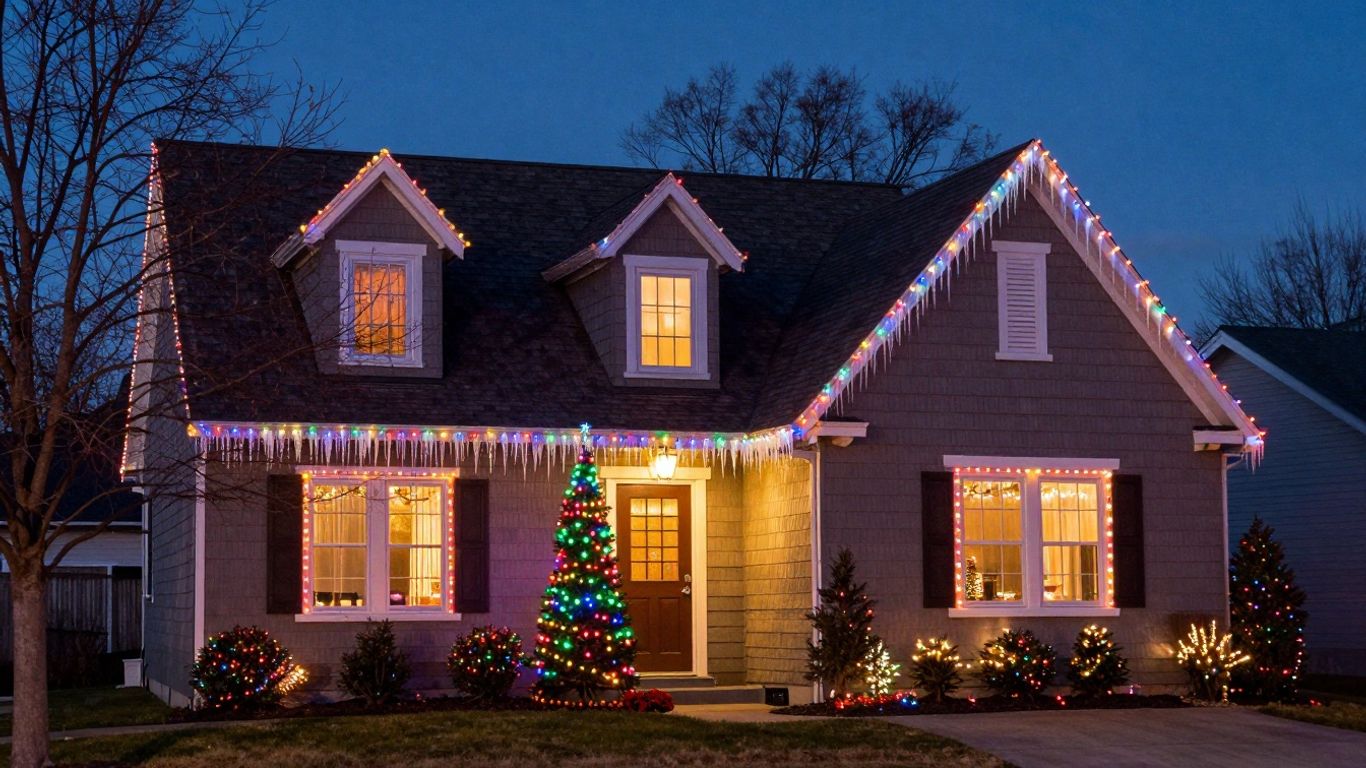 House decorated with bright Christmas lights in Edwardsville.