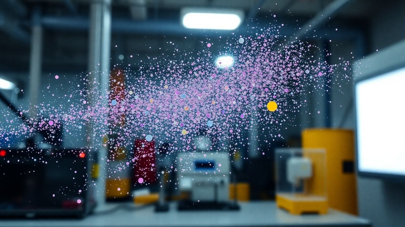 Shimmering pearlescent pigment powder in a modern factory setting.