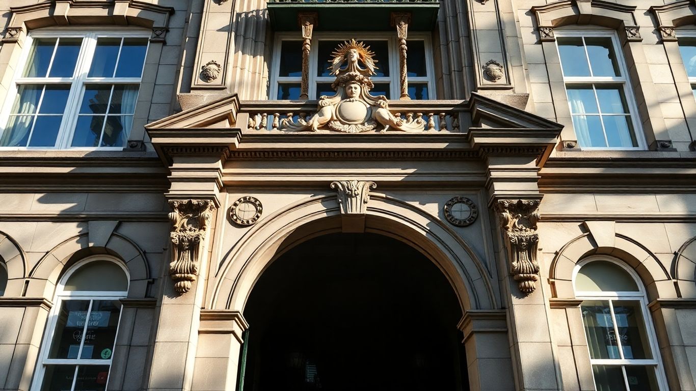 Denkmalgeschütztes Gebäude mit detaillierter Fassade und Schatten.
