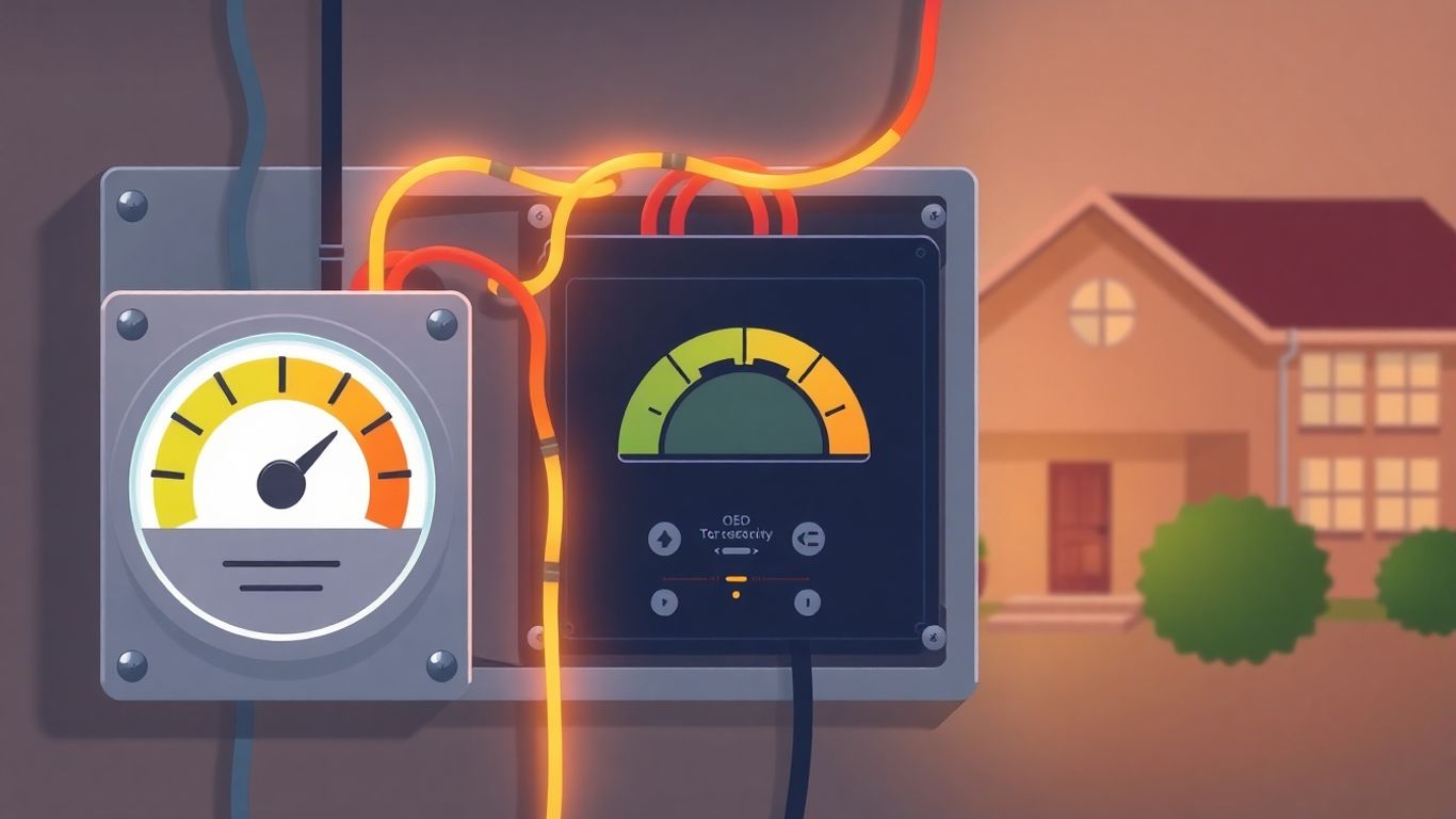 Panneau électrique avec fils lumineux et compteur de puissance.