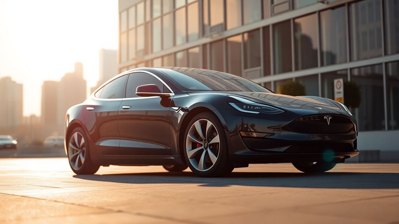 Tesla car in front of modern building.