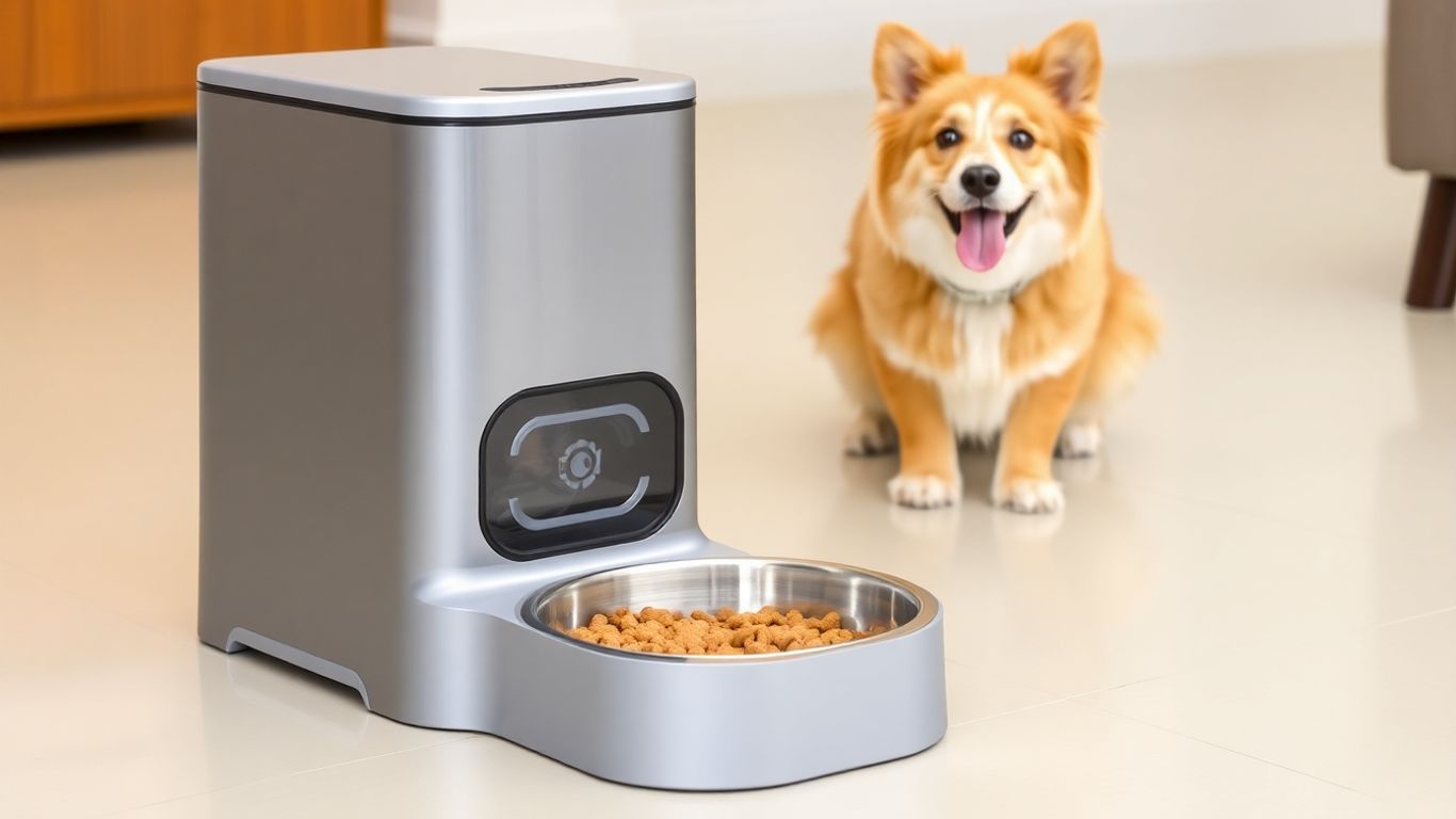 Automatic pet feeder dispensing food into a bowl.